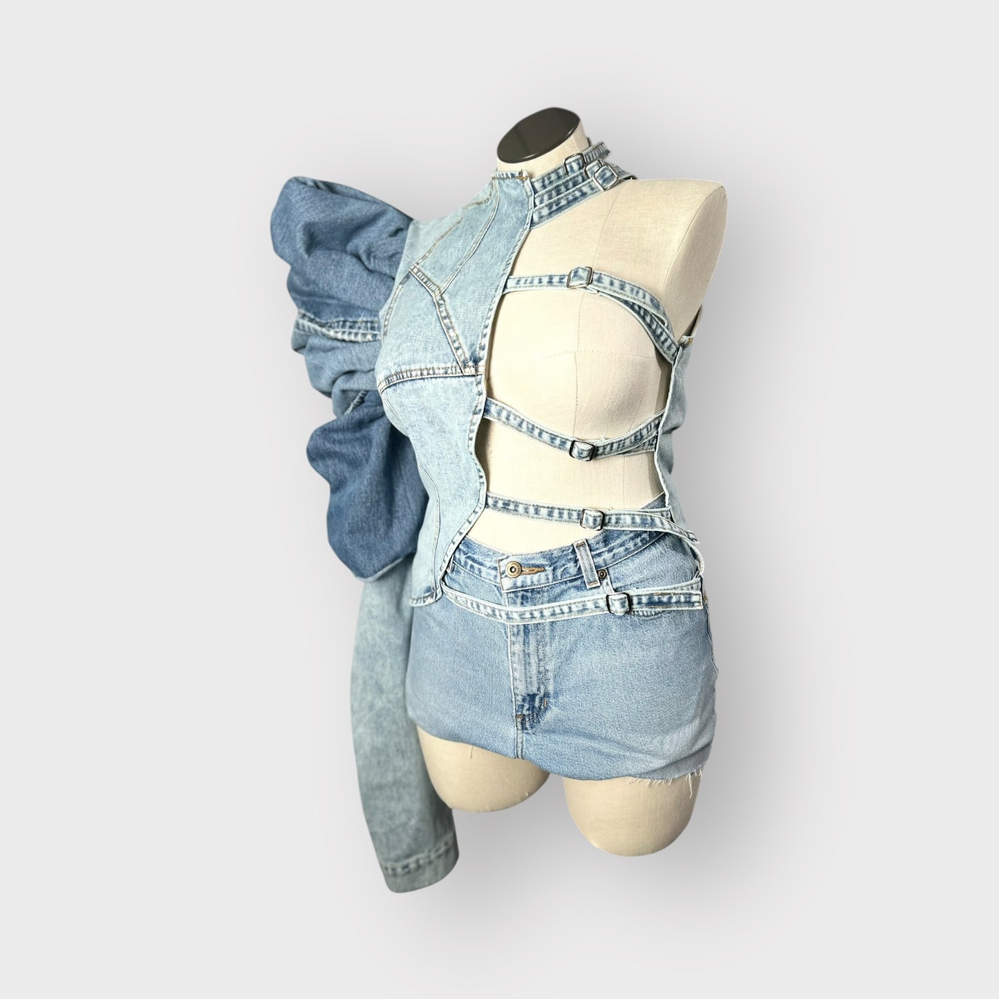 Denim Puff one Sleeve Denim Top