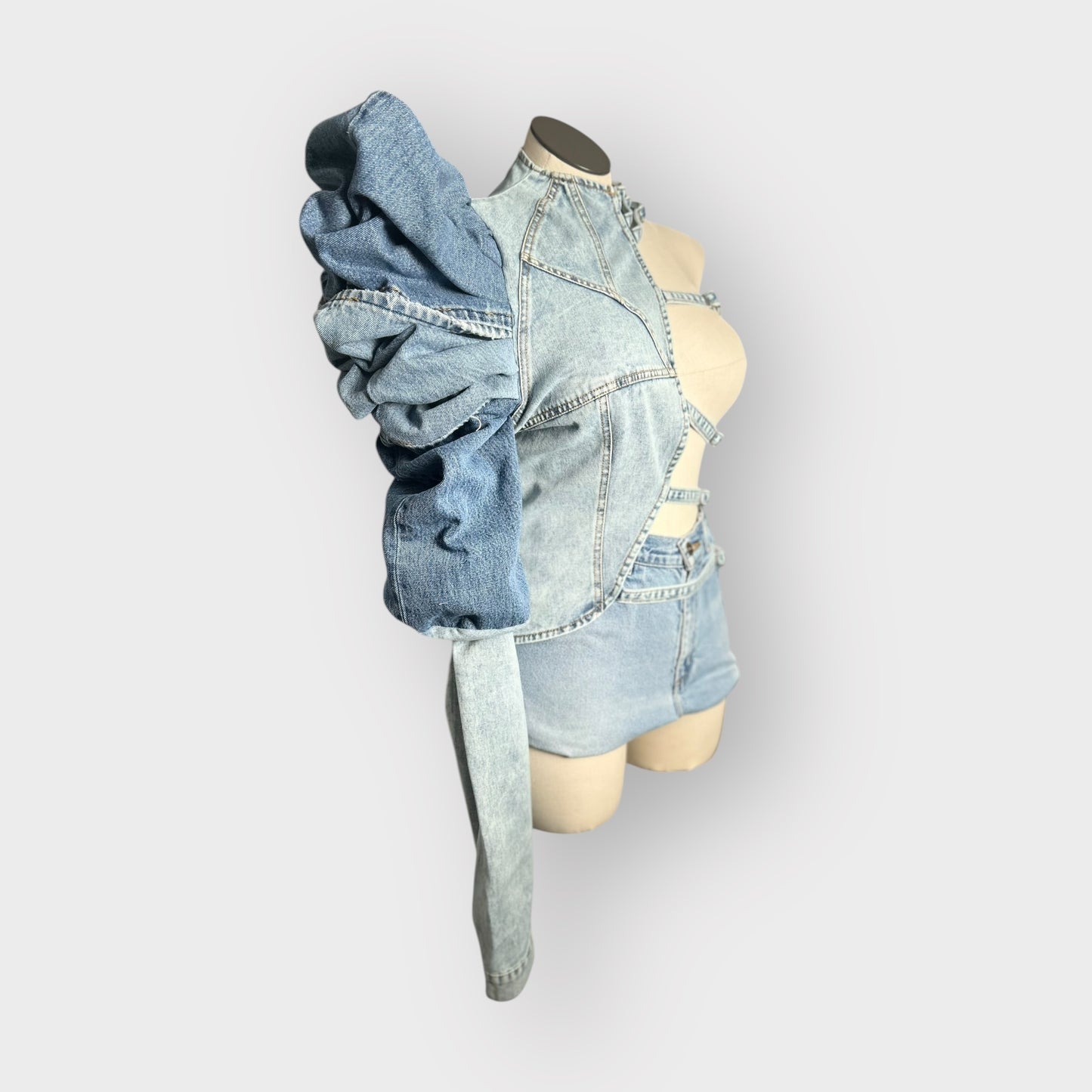 Denim Puff one Sleeve Denim Top