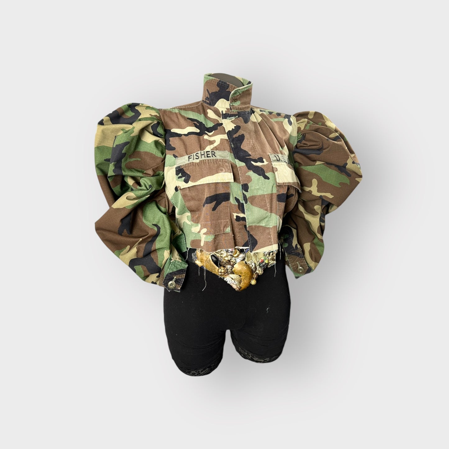 Cropped Camo Couture Puff Sleeve