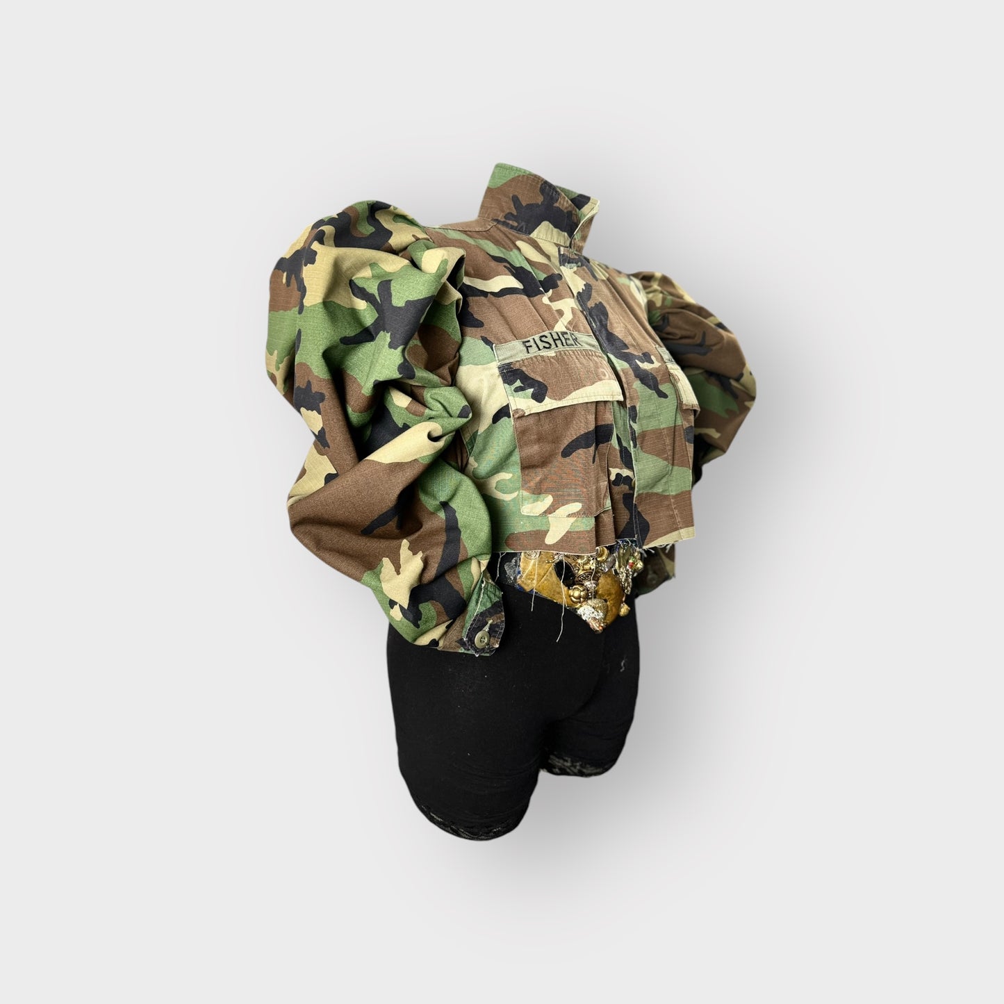 Cropped Camo Couture Puff Sleeve