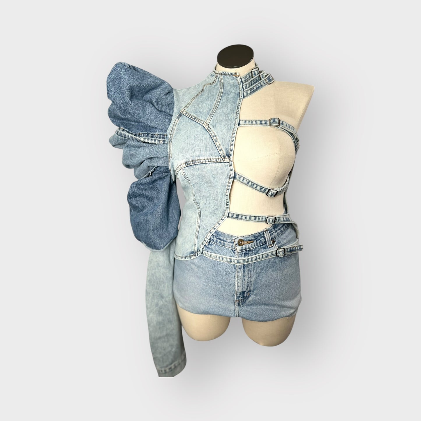 Denim Puff one Sleeve Denim Top