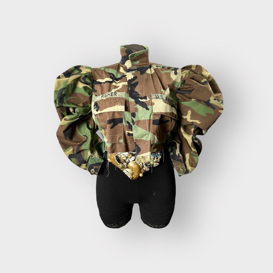 Cropped Camo Couture Puff Sleeve