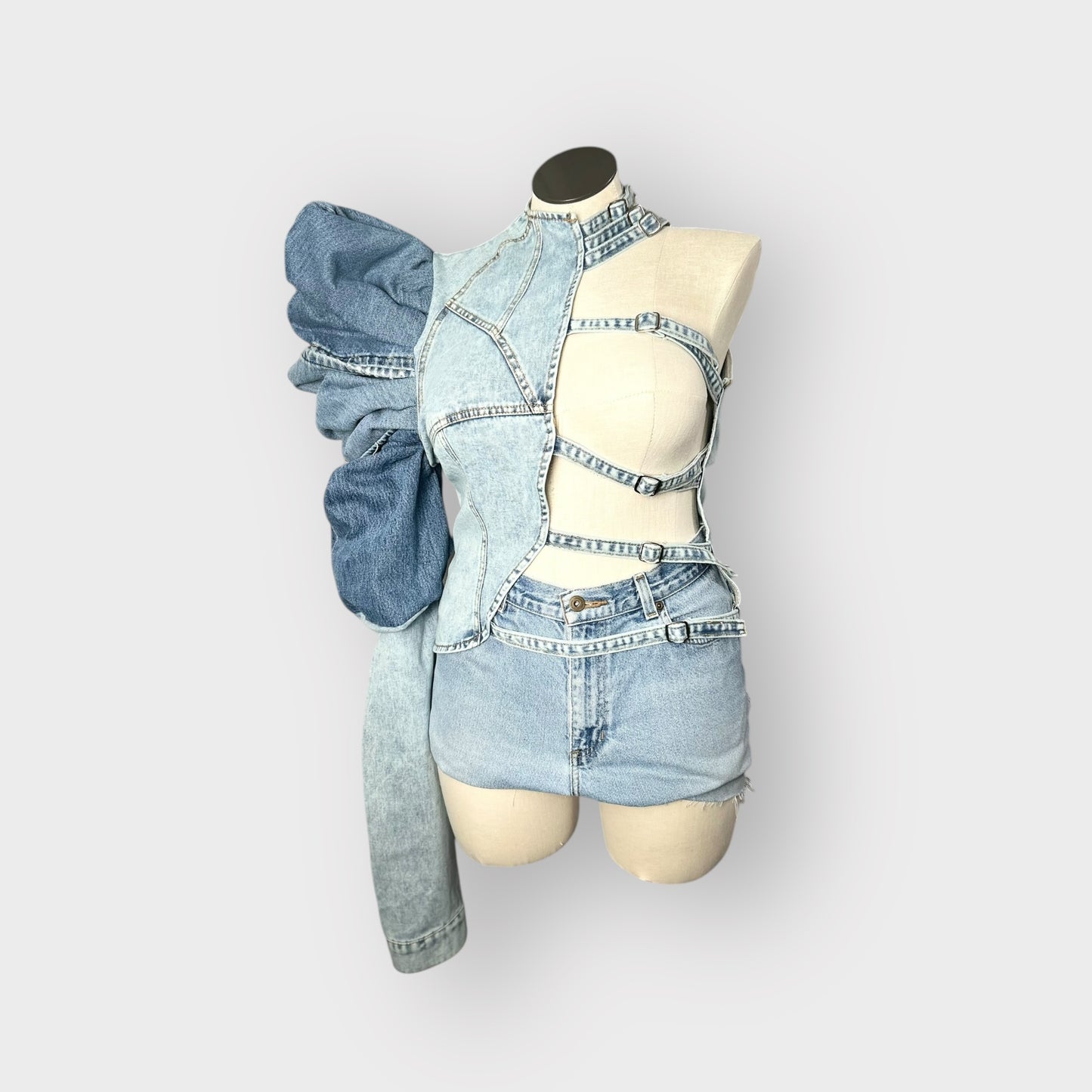 Denim Puff one Sleeve Denim Top