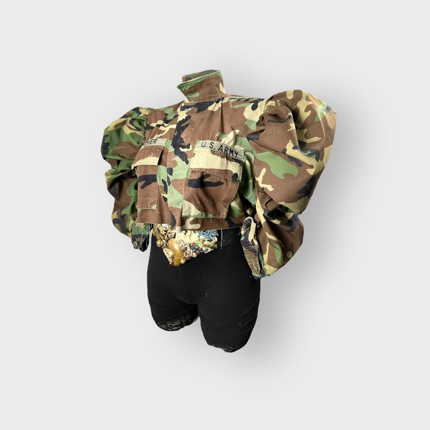 Cropped Camo Couture Puff Sleeve