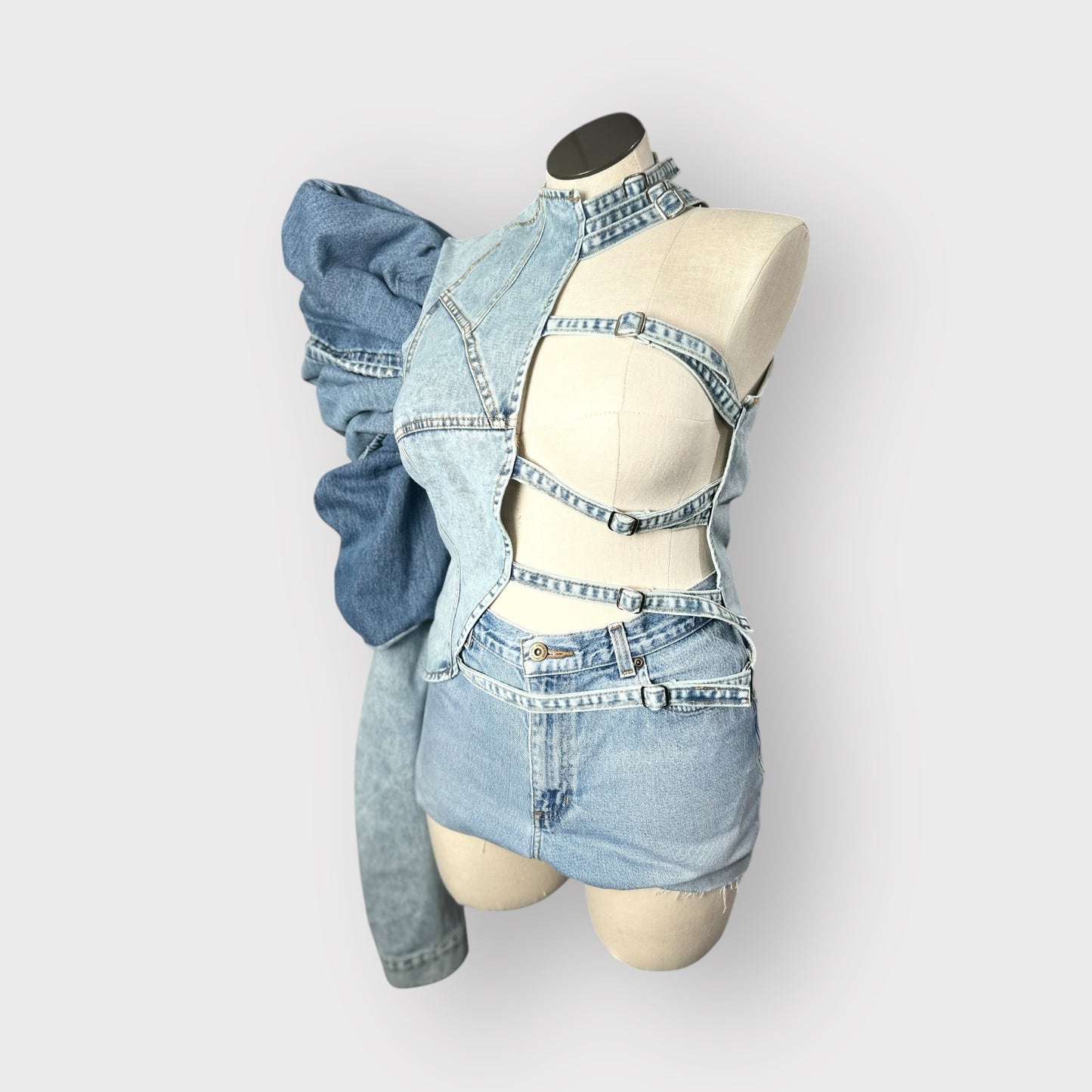 Denim Puff one Sleeve Denim Top